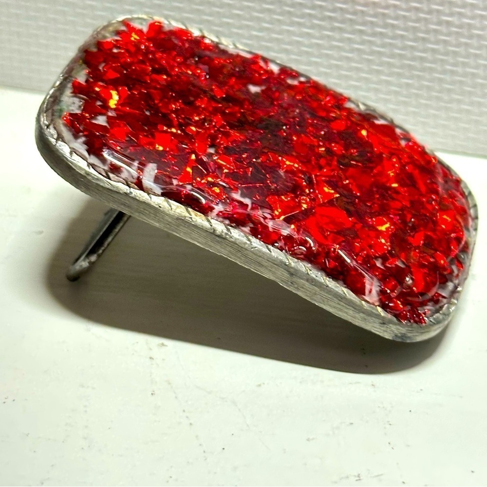 RUBYRUDI Up Cycled Red Glitter Western cowgirl Belt Buckle Repurposed OOAK 1973